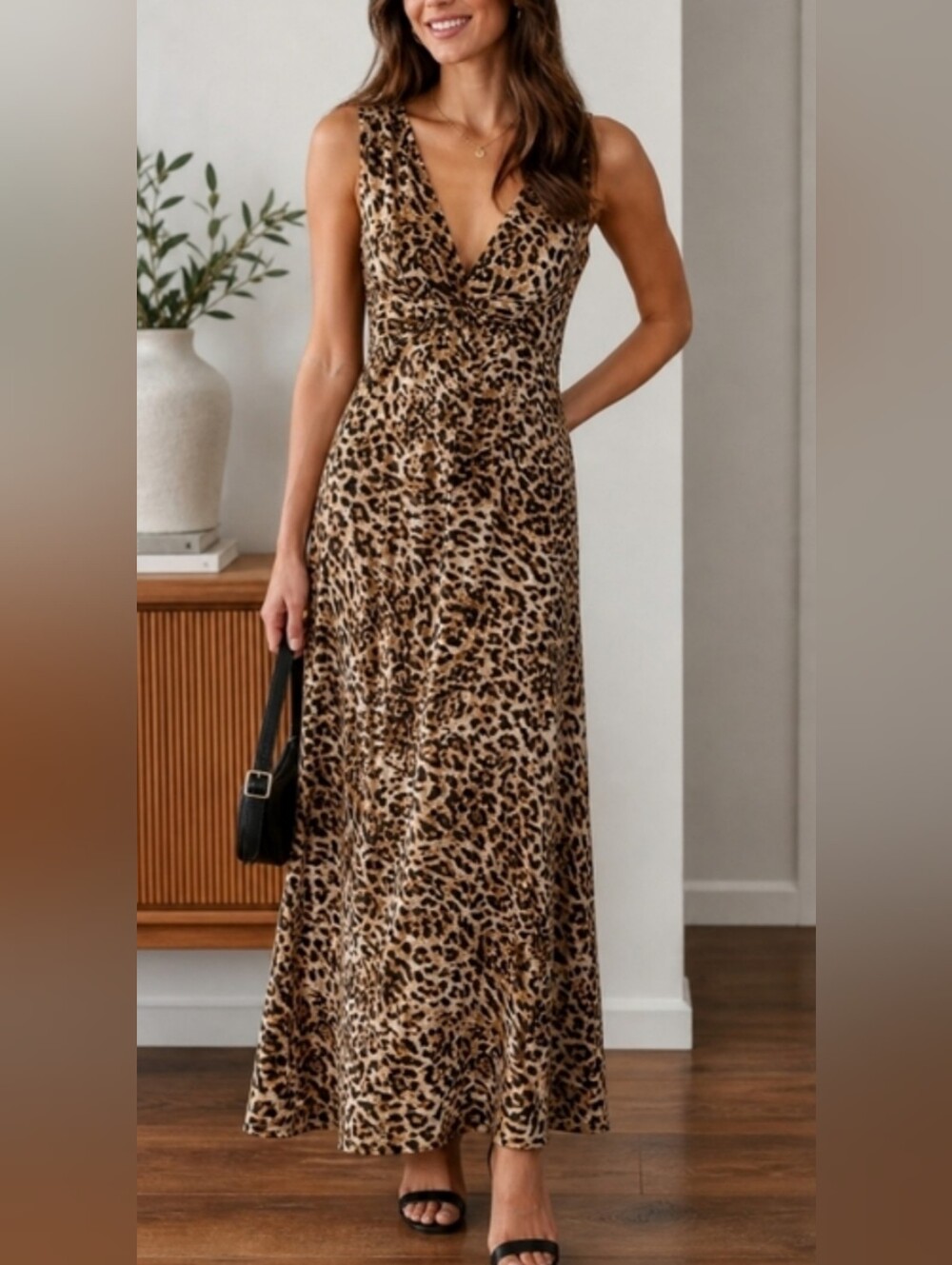 Joie Leopard Print V-Neck Maxi Dress - Brown/Tan